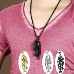 🐟 Awesome skeleton Fishbone Fish on hook necklace available in various colors